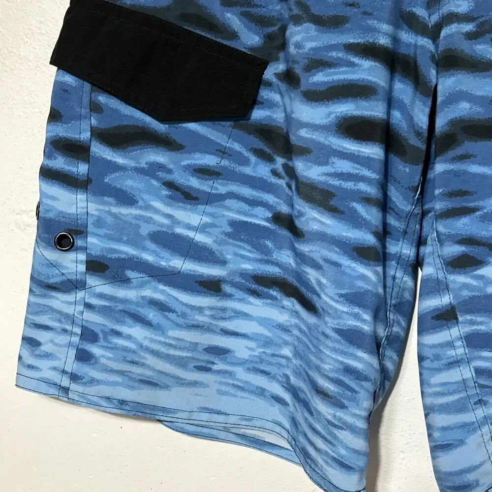 Matix Mens Board Shorts Sz. 32 Blue Black Water Waves Tie Front